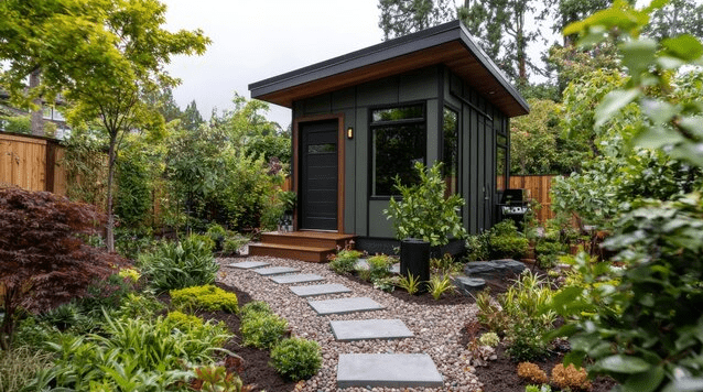A small modern garden shed with a dark door sits surrounded by lush plants, trees, and a stone path in a landscaped backyard.